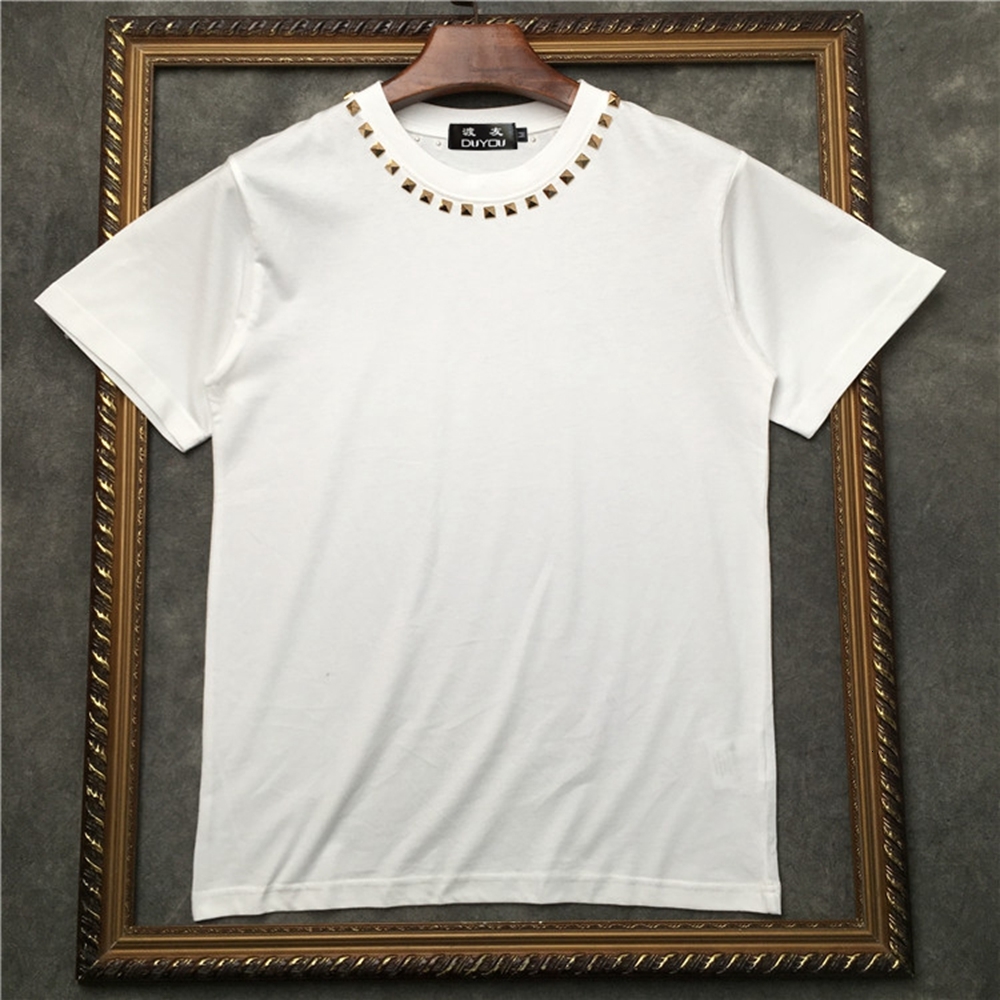 

2021 New Top Quality 100% Cotton Metal Rivets t Shirt Short Sleeve Casual O-neck Tops Tees Men Tshirt F09p, White