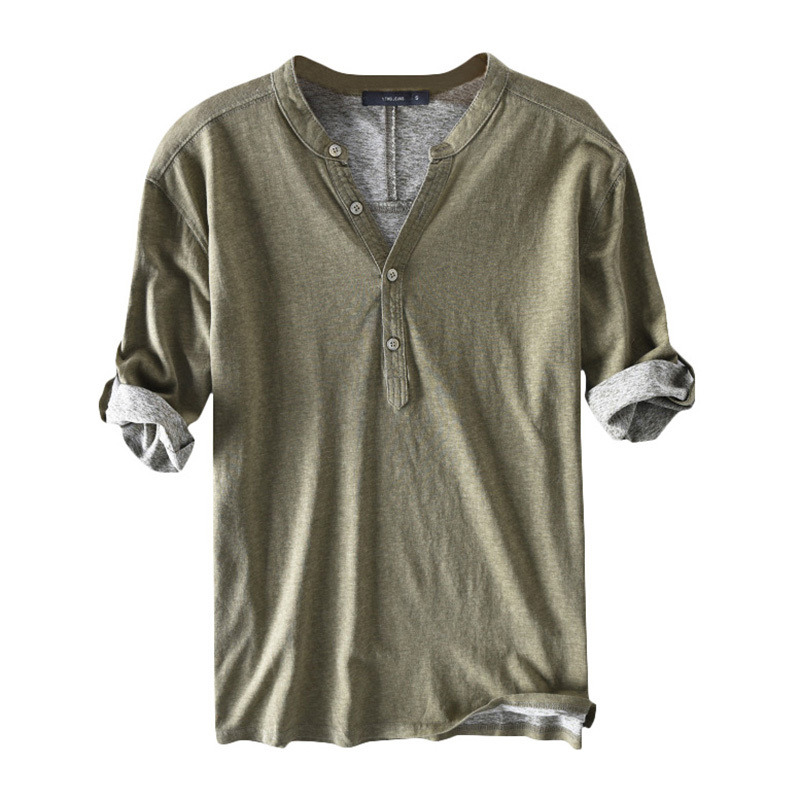 

High Quaity Shirts Dress Men 100%Cotton Half Sleeve Henley Collar V Neck Solid Autumn Casual Shirts Hombre Camisa Men Clothes, White;black