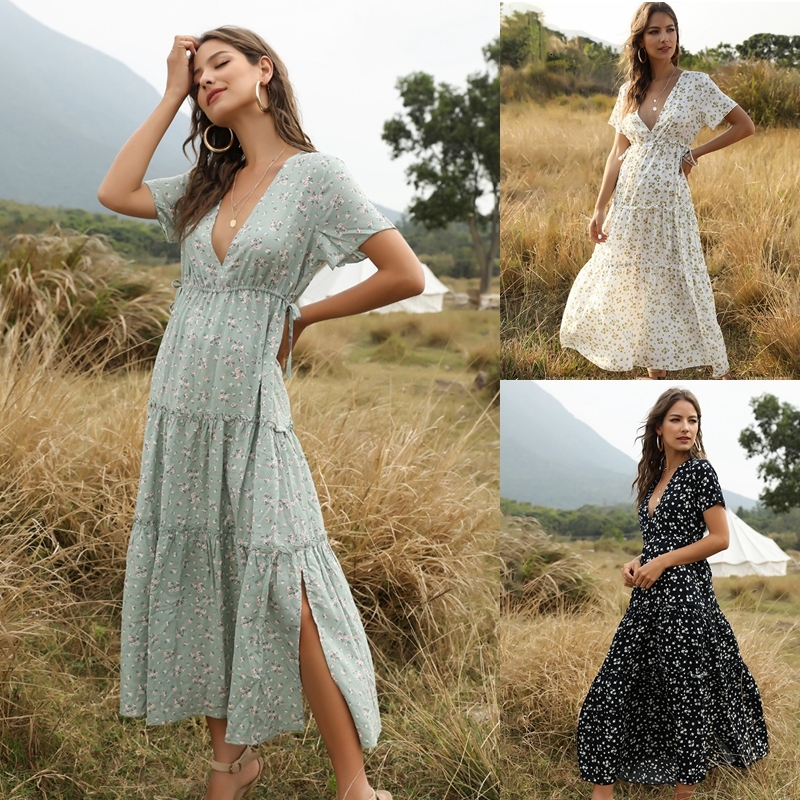 

2021 New Sexy v Neck Summer Beach Holiday Women Floral Print Elegant Boho Long Ruffle Short-sleeve Party Robe Bandage Es Ae16, White