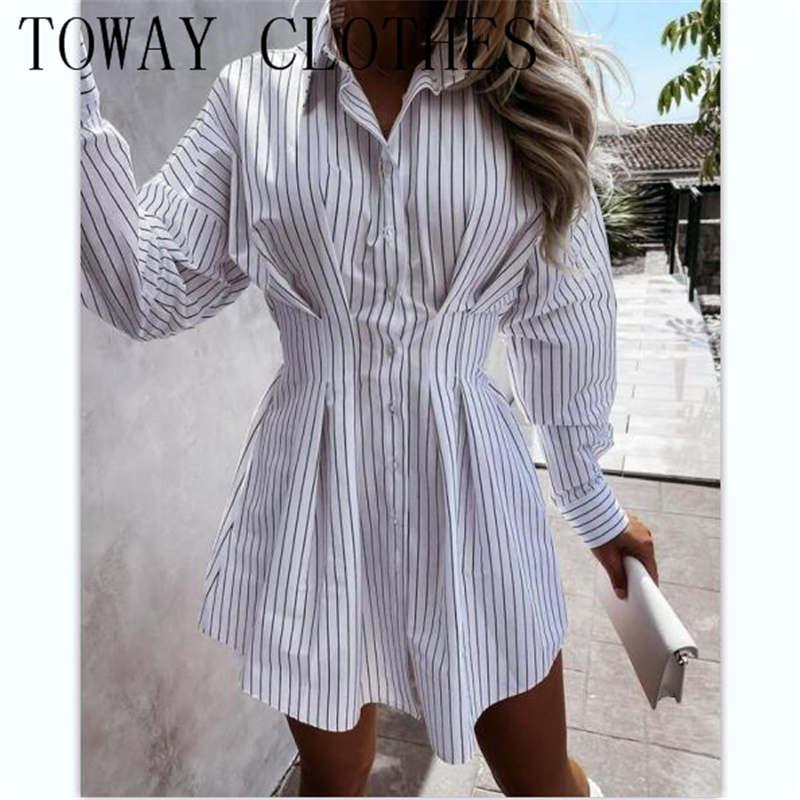 

Casual Dresses Turn-down Collar Striped Print Long Sleeve Shirt Dress Chic Office Lady Mini Summer For Women 2021, White