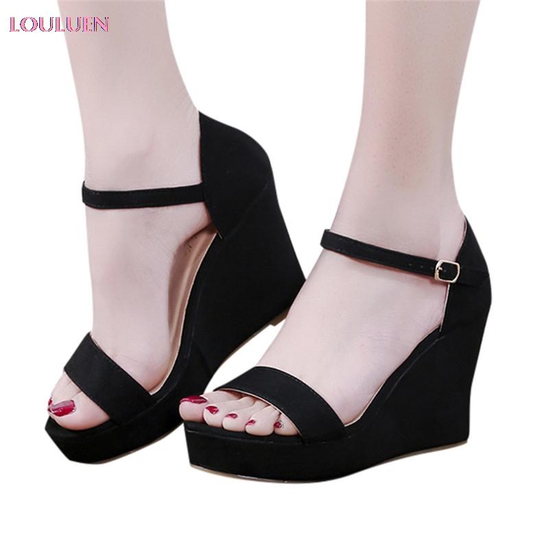 

LOULUEN 2021 Sandals Women Open-Toe Solid Color Suede High Heel Sandal Buckle Strap Wedge Roman Shoe Plus Size 35- 42 Drop #0515