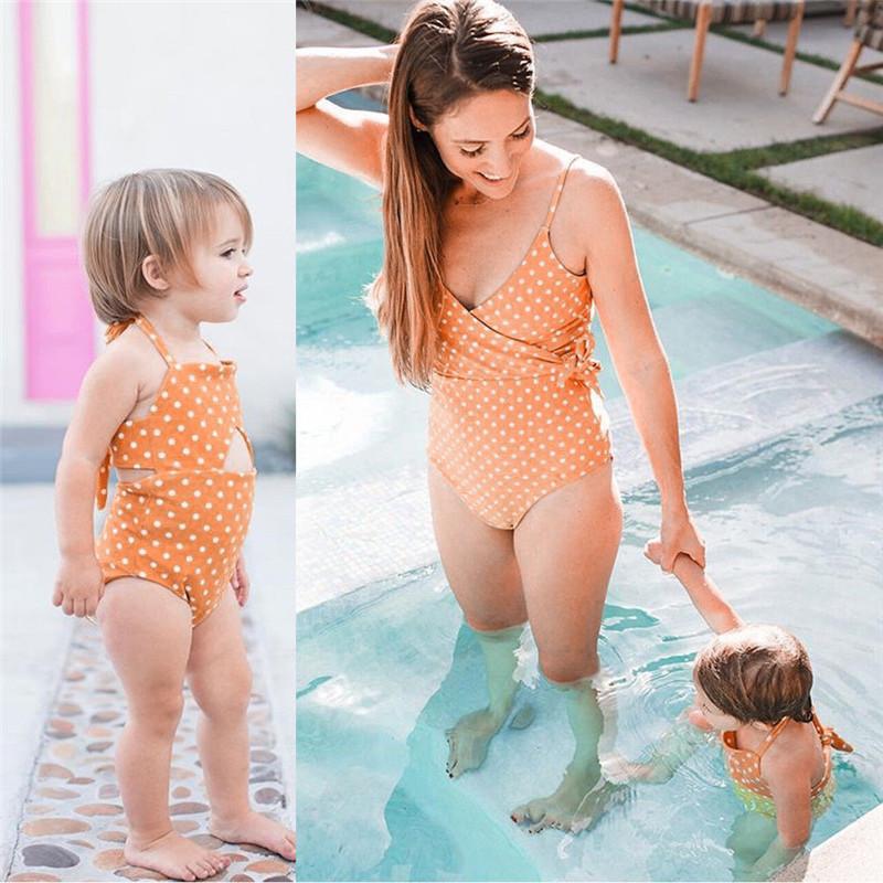 

One-Piece Suits Fashion 2021 Family Matching Beachwear Women Baby Girl Polka Dot Print Swimsuit Swimwear Sleeveless Tankini Bikini