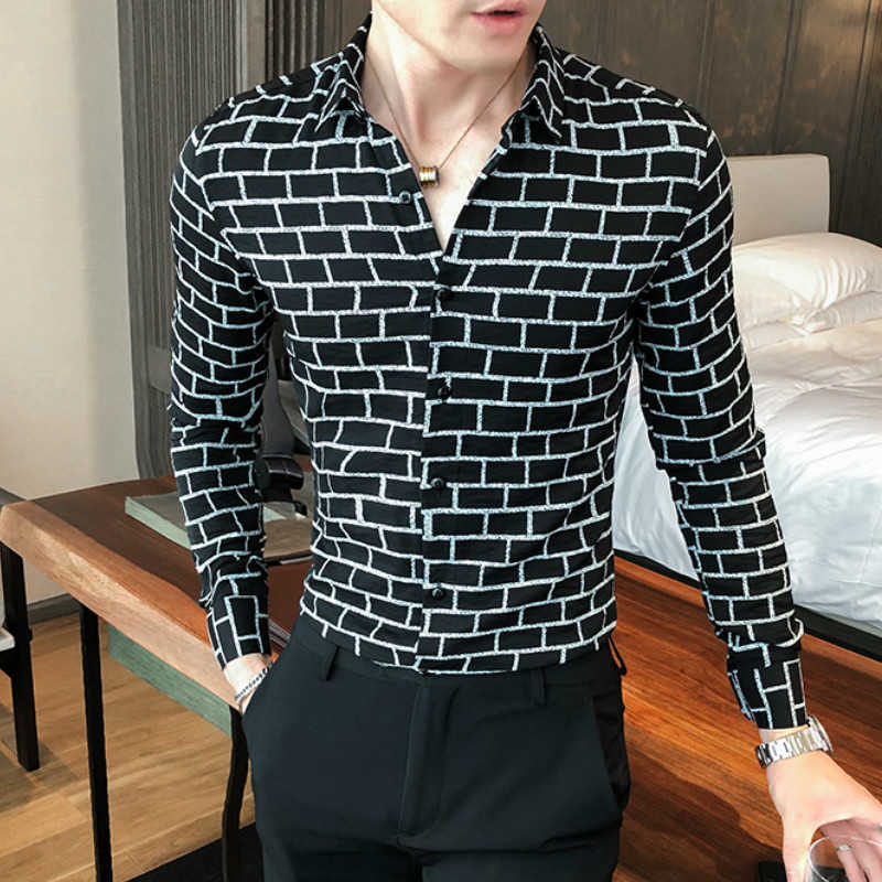 

British Style Men Business Casual Shirts Camisa Masculina Long Sleeve Slim Fit Plaid Shirt Streetwear Social Party Blouse 210527, Black