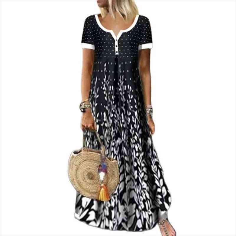 

women elegant long dress single-breasted v-neck boho print party dresses ladies vintage button casual maxi dress, Black;gray