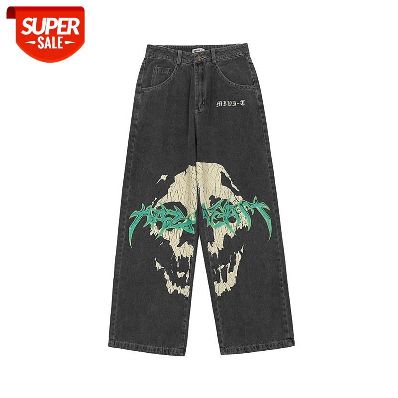 

Harajuku Skull CrackPprint Graffiti Loose Denim Trousers Mens Striaght Retro Wide Leg Casual Jeans Oversize Hip Hop Couple Pants #vg7W, Black