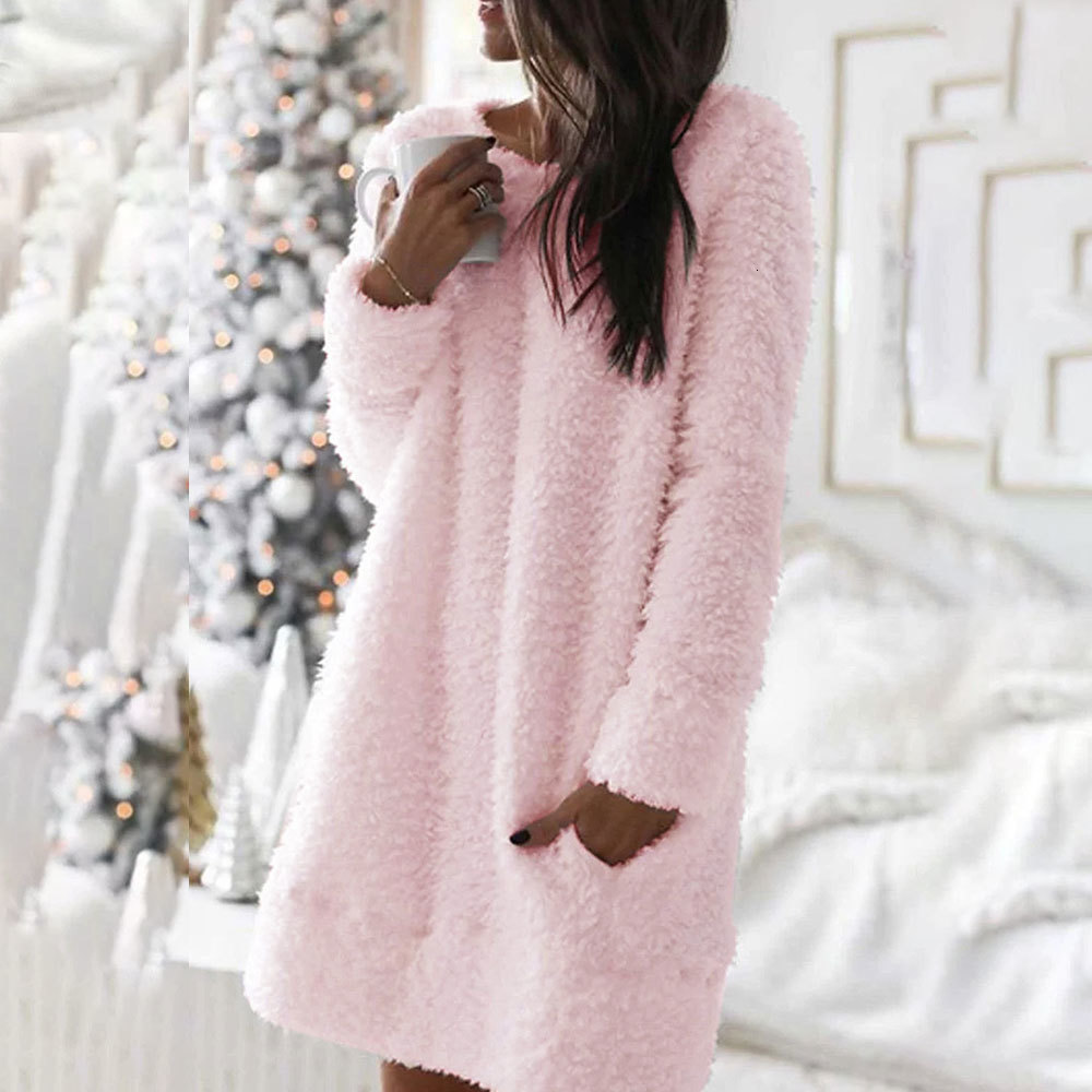 

New Casual Women's Loose Fleece o Neck Simple Straight Plush Mini Female Long Sleeve Solid Color Pullover 2021 Oja3, As photo