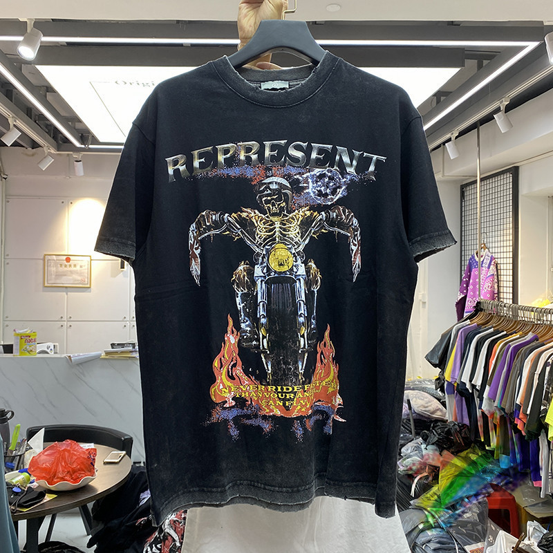 

Destroy REPRESENT T shirt Men Women Skull Riding Motorcycle Printing Vintage Summer Style T-shirt Top Tee C0304, White;black