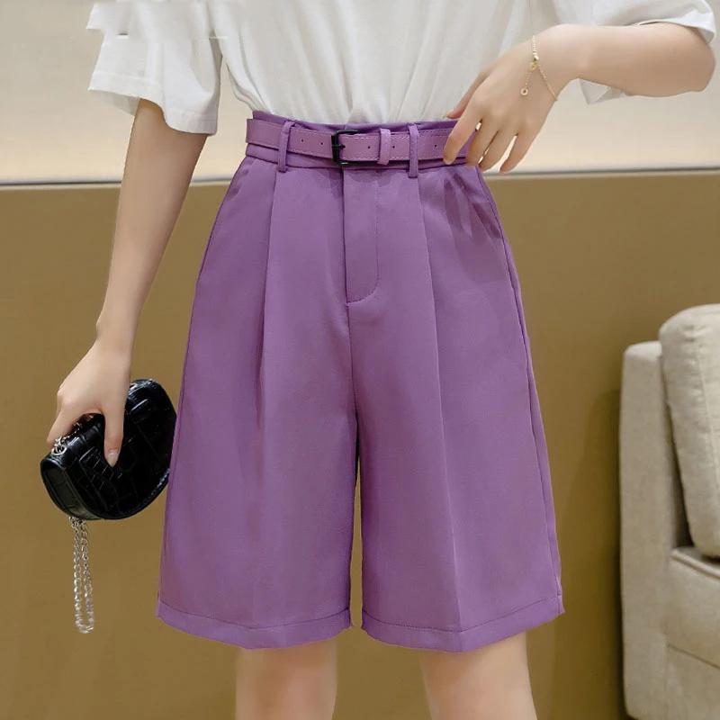 

Women' Shorts 2021 Wide Leg Loose For Women High Waist Purple Or Black Cotton Free Belt Quality Femme