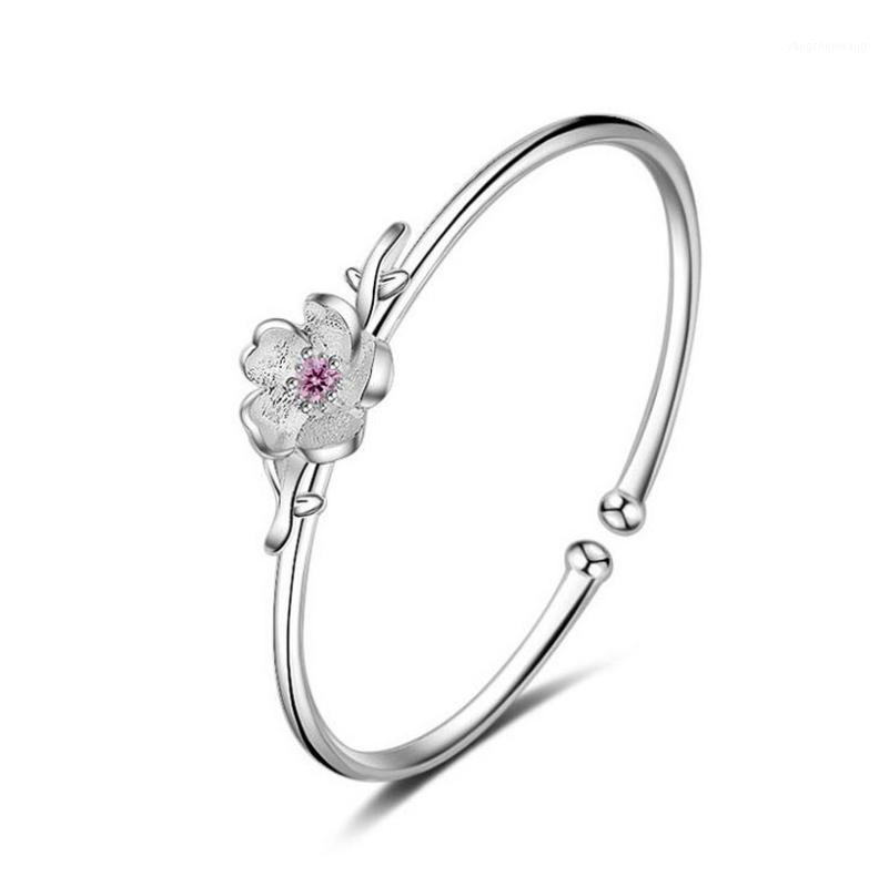 

Fashion Simple Silver Color Pink Zirconia Cute Flower Open Bracelet For Girl Women Female Adjustable Bangle Gift Jewelry BH025