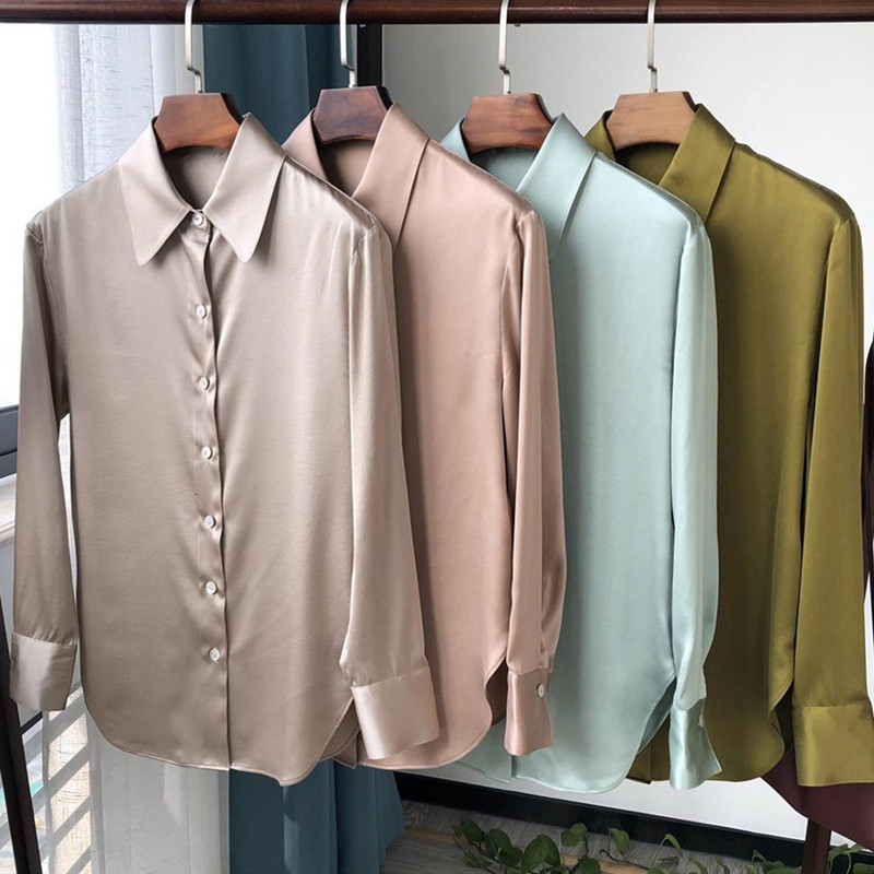 

New Women's Four Colors Shirts 100% Silk Loose Turn-down Collar Blouse for Office Lady 2021 Early Spring 39op, Black