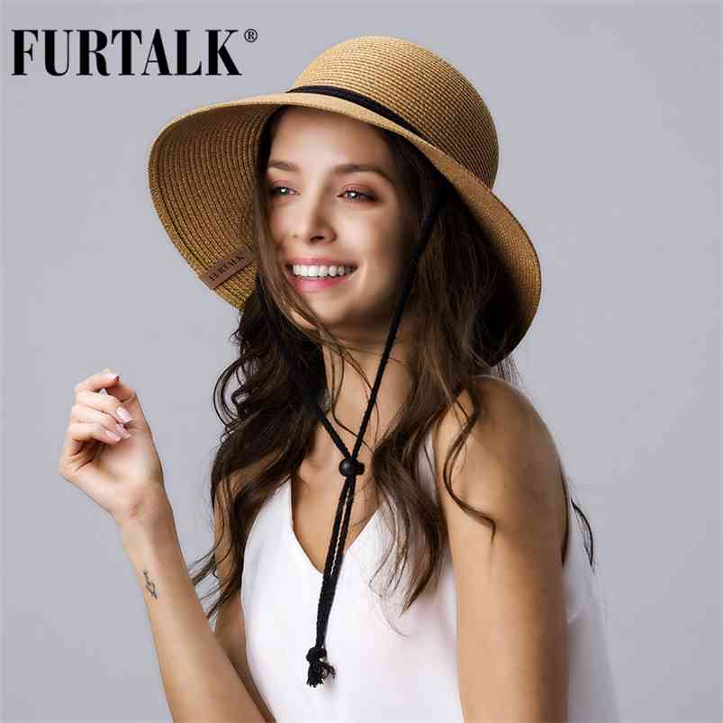 

FURTALK Straw Summer Hat Women Sun with Wind Lanyard Wide Brim UPF 50+ un Protection Beach Foldable Female Caps 210709, Print mixed beige