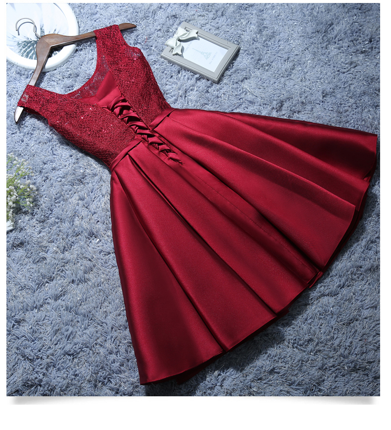 

New Short Evening Dress Satin Lace Wine Red Grey A-line Bride Party Formal Dress Homecoming Graduation Dresses Robe De Soiree, Silver