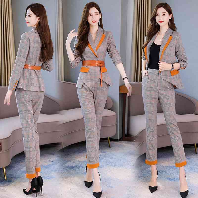 

High quality professional women's suits autumn slim plaid ladies jacket Female office trousers Two-piece set 210527