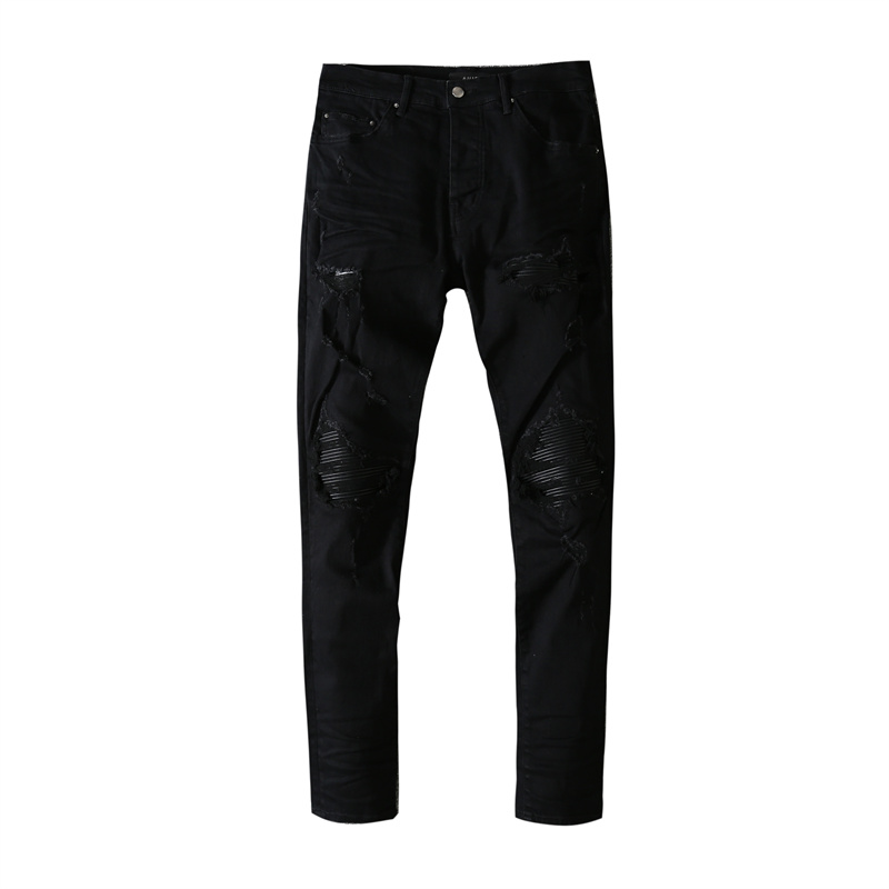 

Mens jeans black skin stitching, hole sanding, European and American high street