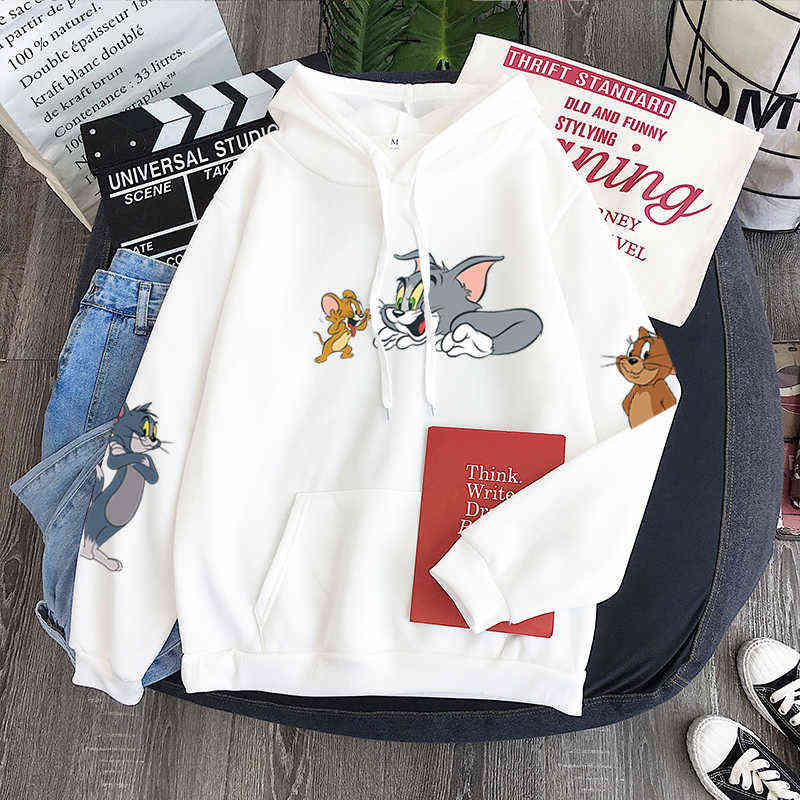 

Kawaii Cartoon Jerry Muis Kat Tom Print Hoodies Unisex Streetwear Harajuku Cute Manga Graphic Winter Warm Long Sleeve Sweatshirt, Purple