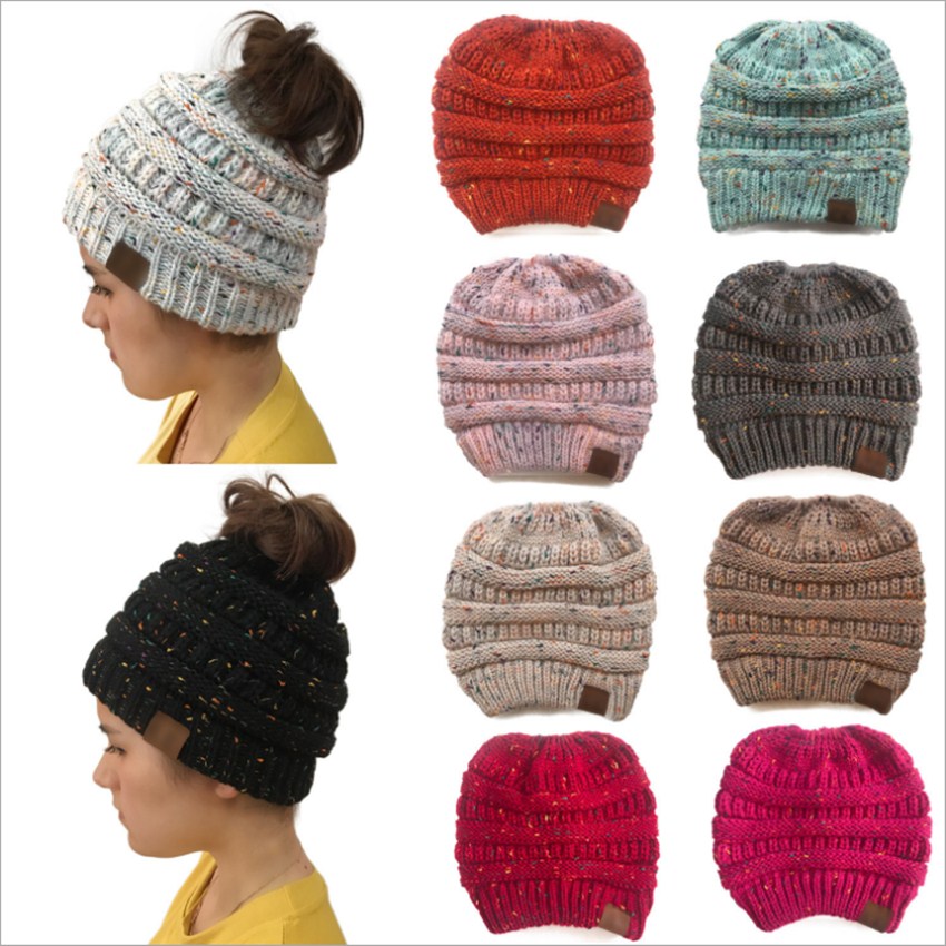 winter hat Women Ponytail Caps CC Knitted Beanie Fashion Girls Winter Warm Hat Back Hole Pony Tail Autumn Casual Beanies-image-739372168