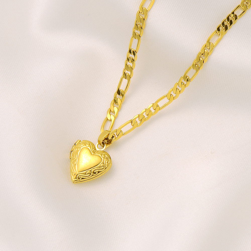 Collier chaîne à maillons figaro italien pour femme avec pendentif en forme de cœur en or jaune massif 18 carats GF 61 cm 3 mm