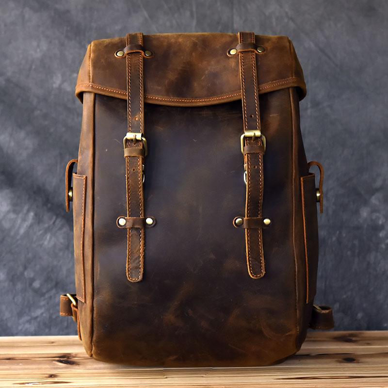 

Backpack Genuine Leather Men Shoulder Bag Travel Backpacks 14 Inch Laptop Bags Retro Handmade Original Crazy Horse Solid, Brown