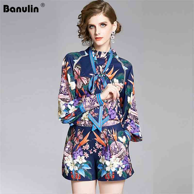 

Banulin Runway Designer Casual Holiday Vacation Shorts Set Women's Lantern Sleeve Print Blouses + Two Pieces Suit 210603, Blue