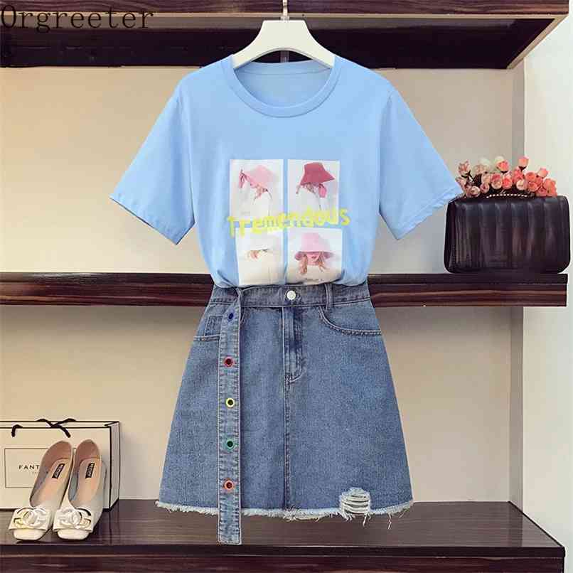 

Summer Plus Size Fashion Printed T-shirt with Color Buckle Deco Denim Skirt Two piece Student Sets Female 210602, Sky blue