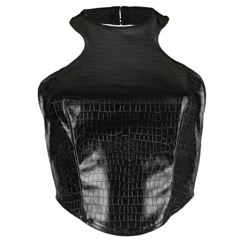 

Leather Bustier Womens Sexy Lingerie Crocodile Print Halter Camisole Party Clubwear Backless Zipper Vest Irregular Crop Tops Bras Sets, Black