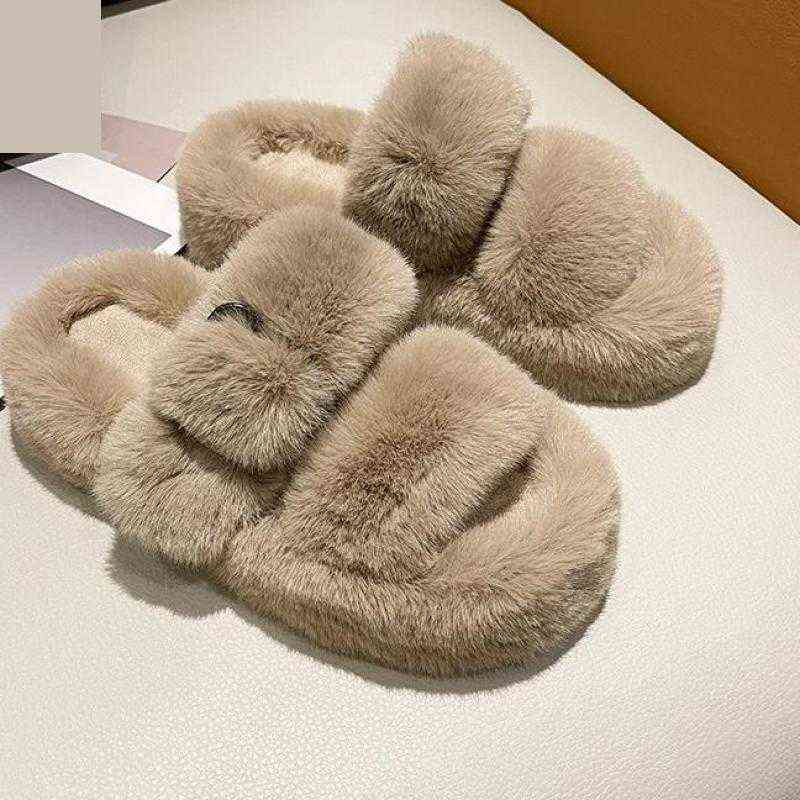 

2022 Winter Fashion Soft Warm Comfort Flat Fur Slipper Brand Designer Slip On Loafers Mules Flip Flops Casual Ytmtloy Indoor H1115, Beige