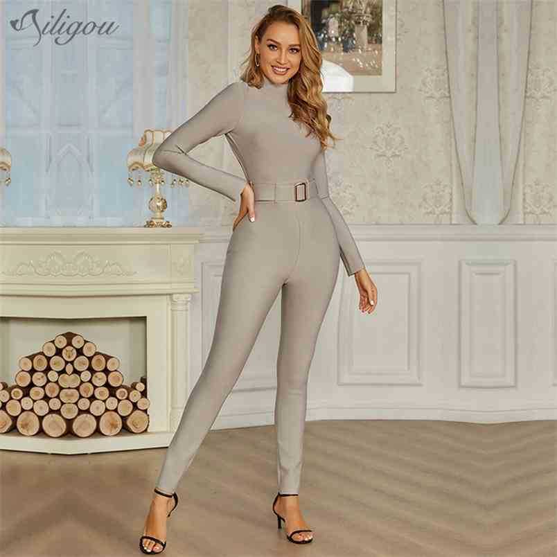

Ladies Sexy Full Sleeve Belt Halter Bodycon Bandage Jumpsuit Celebrity Designer Fashion Party 210525, Beige