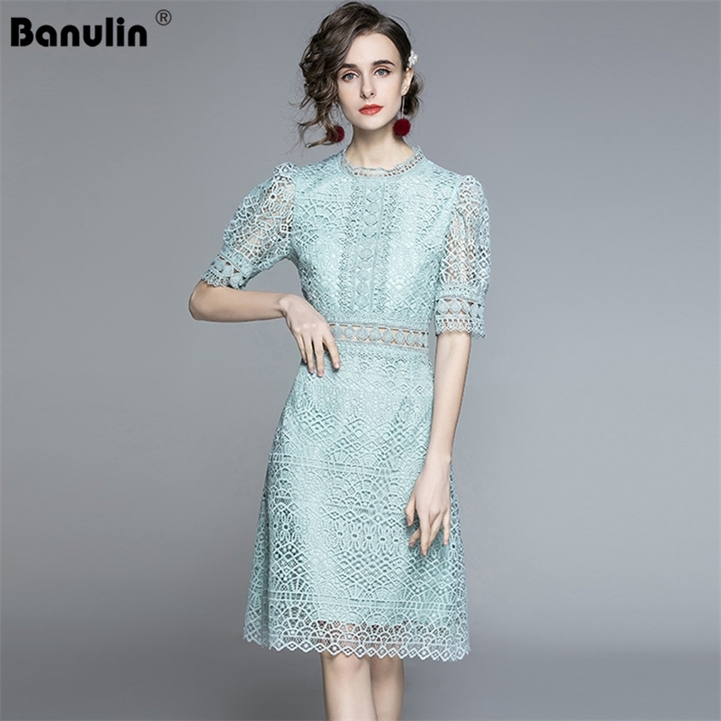 

Banulin 2012 Summer Runway Floral Embroidery Hollow Out Lace Dress Women Ruffles O-Neck Short Sleeve Casual Bodycon 210603, Green