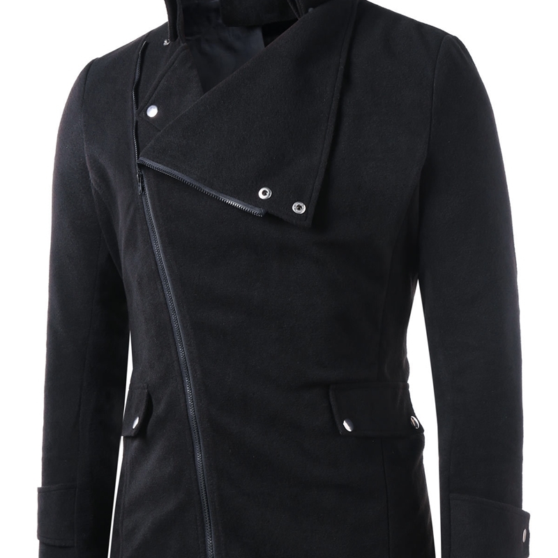 

Autumn and winter wool long sleeve diagonal zipper coat men's pocket, Black