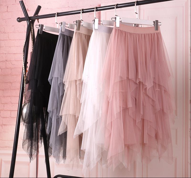 

1pcs lot irregular tulle womens skirts fashion elastic high waist mesh tutu skirt pleated long good, Black