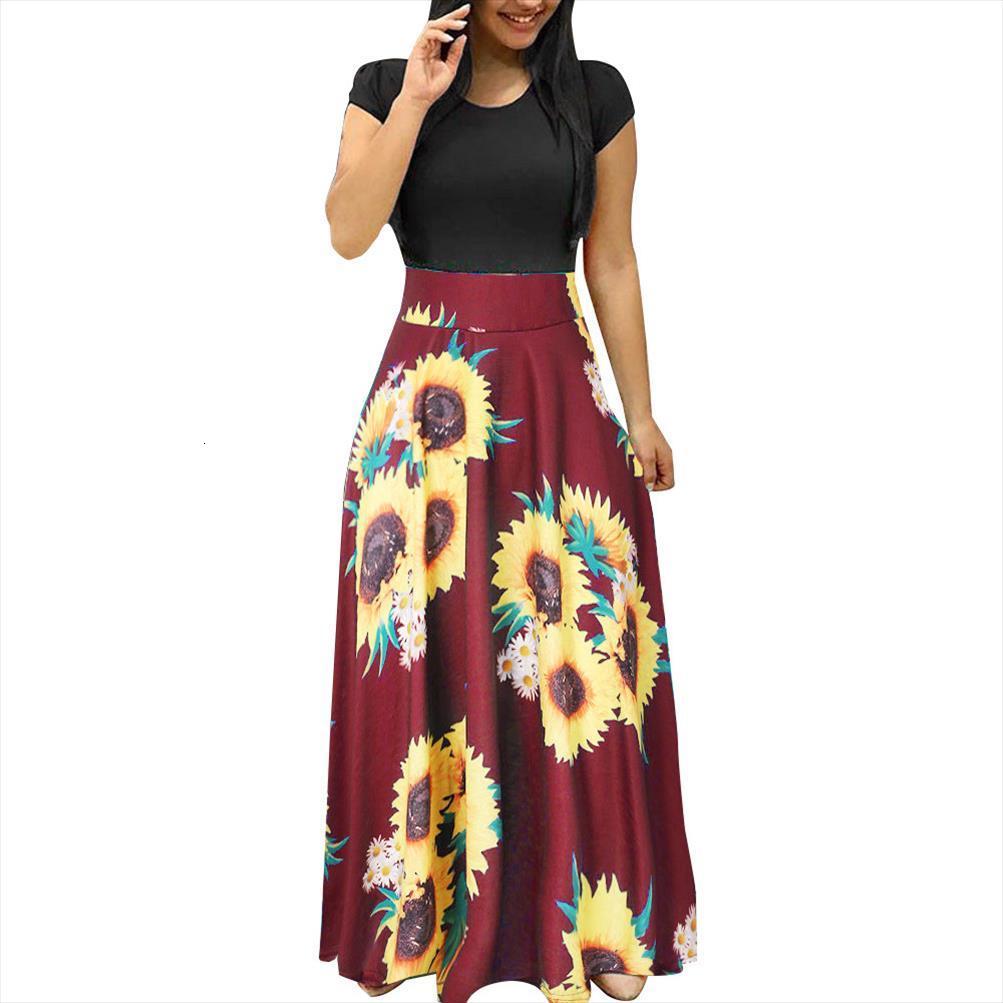 

plus size summer print womens dresses stitching flower casual long lady maxi women vestido bodycon elegant, Black;gray