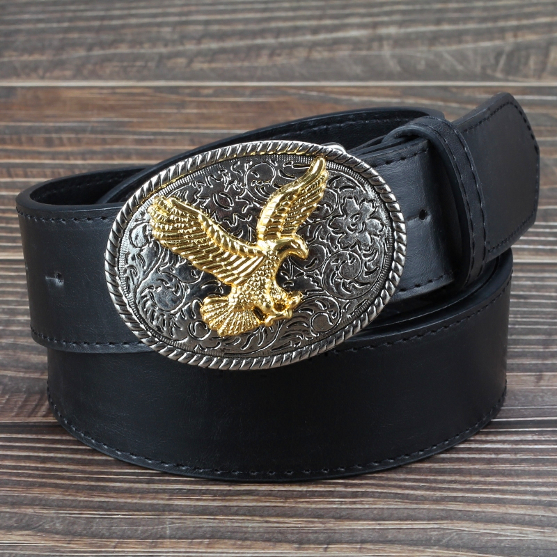 

2021 New Cool Buckle Men's Golden Eagle Pattern West Style Pu Leather Cowboy Belt for Gift Drop Shipping Aszp, Black