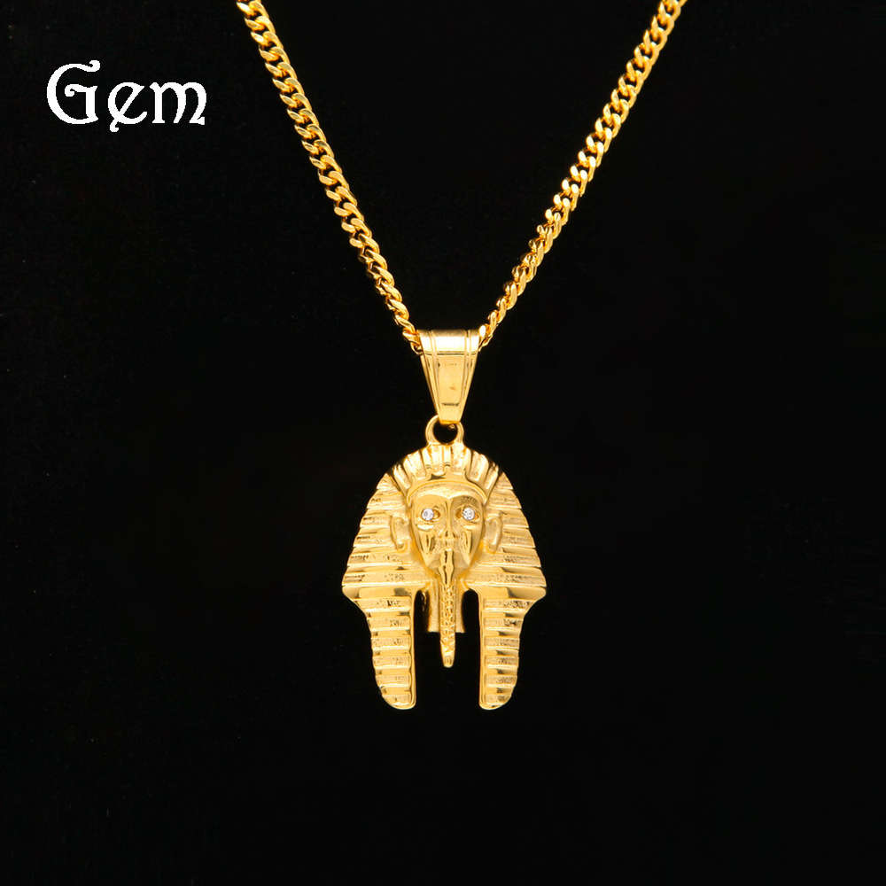

Diamond inlaid antique Egyptian pharaoh hip hop head color preserving stainless steel small pendant Egyptian king vacuum plating