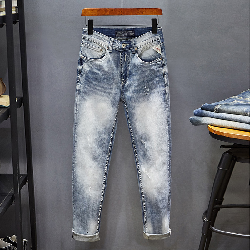 

2021 New Italian Vintage Style Fashion Men Retro Light Blue Elastic Slim Jeans High Quality Scratch Designer Casual Long Pants 1uep