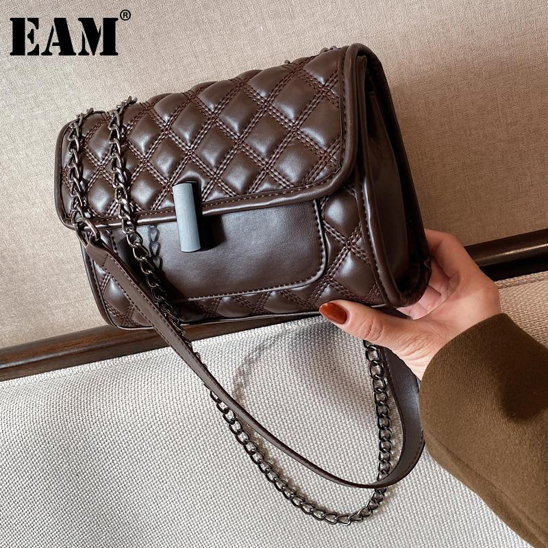 

[EAM] Women New Vintage Chains Square PU Leather Flap Personality All-match Crossbody Shoulder Bag Fashion Tide 2021 18A1595, Black