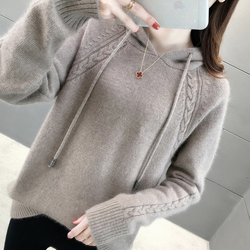 

2021 Sweater Spring Autumn New Solid Hooded Pullover o Neck Long Sleeve Sweaters Women Po3a, 04