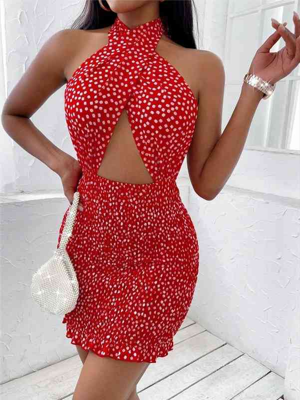 

summer bohemian floral printing dresses women cross halter neck backless bodycon mini dress high waist ruffle clothing beach, Black;gray