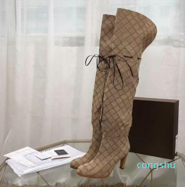 Ladies Winter Sexy Fashion Canvas Tall Knee Boots Woman Classic Sheepskin Shoe Heel Boot med Heels gift shoes with box