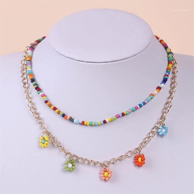 

Chains 2 Pieces/setBohemian Hand-woven Rice Beads Flower Multilayer Necklace Beach Style Beaded Ladies Collar Perlas