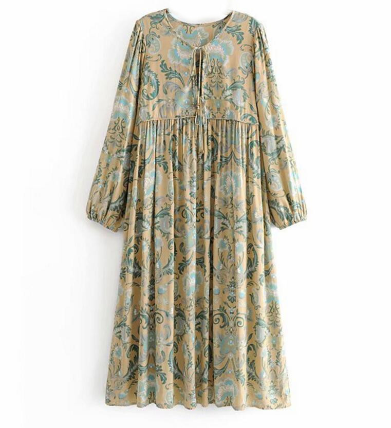 

Bohemia Lacing up V neck Feather Floral print Dress Ethnic Woman Long Sleeve Tassel Long Strappy Dresses Holiday Beach, Red