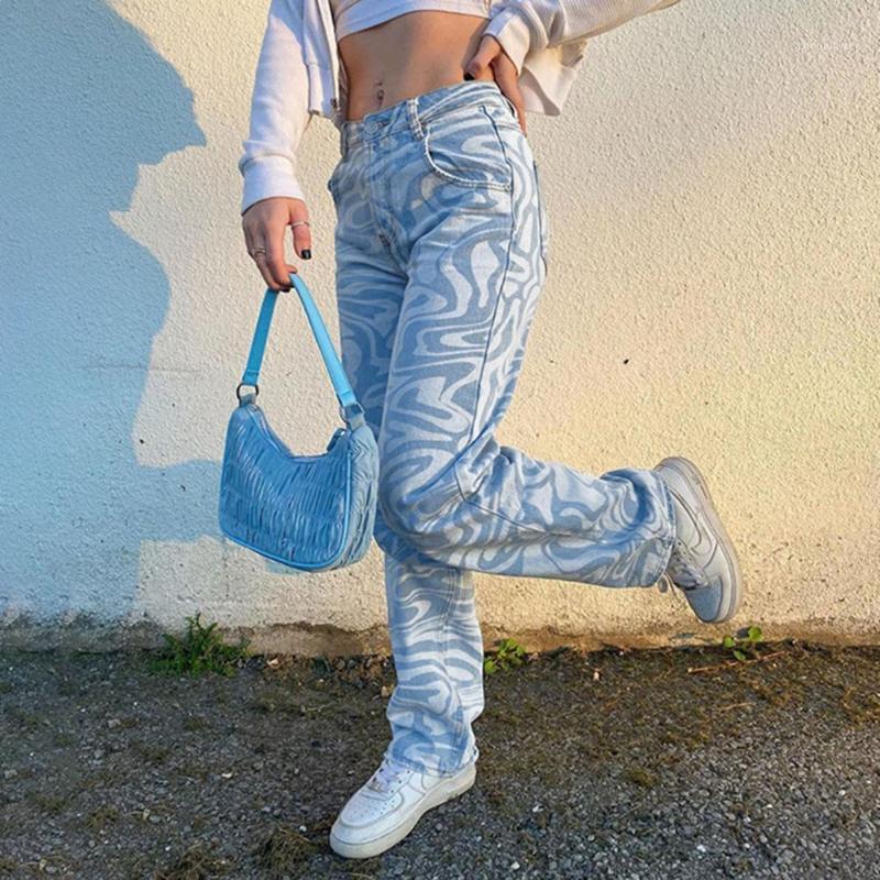 

Retro Zebra Printed Y2k Denim Jean Women Vintage Streetwear Loose High Waisted Baggy Mom Jeans Trousers Stripe Women, Blue