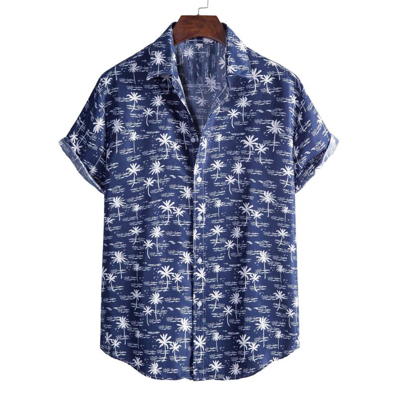 

Fast Deliver Men Spring Summer Casual Shirts Slim Printed Short Sleeve Beach Large size Top Blouse Camisa todos los días, Navy blue