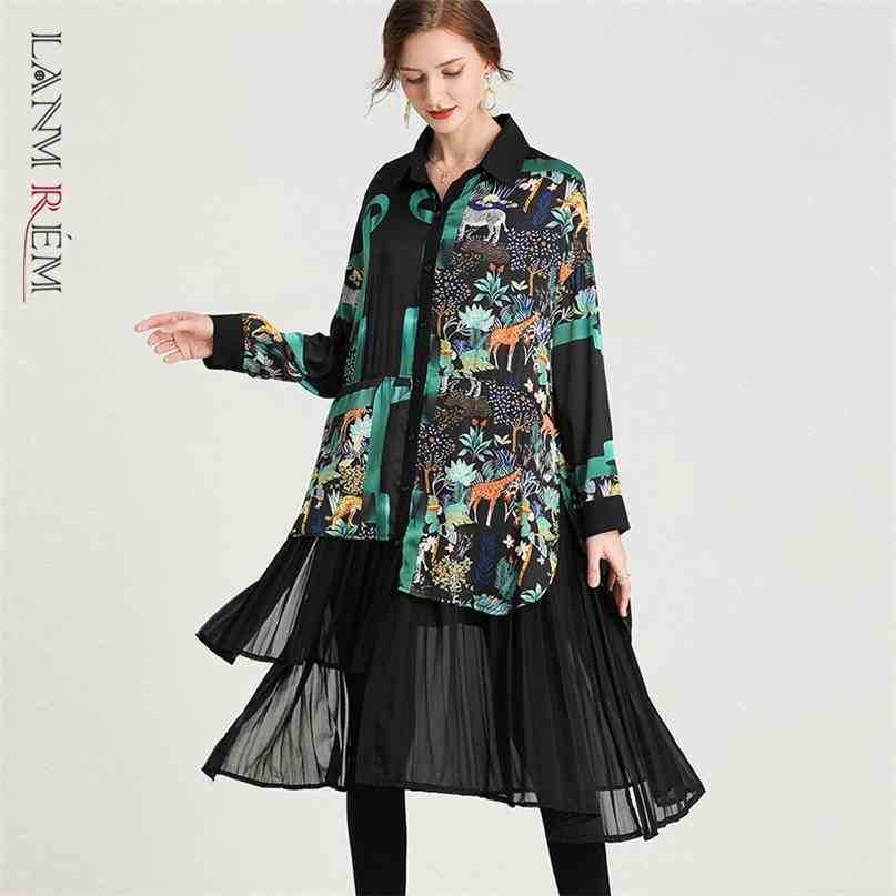 

Women Printed Big Size Midi Long Dress Turn-down Collar Sleeve Loose Fashion Spring Autumn 2E1062 210526, Blackish green
