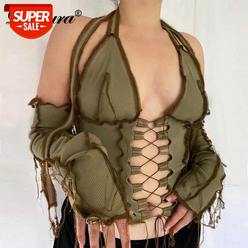 

Dulzura Patchwork Lace Up Cross Hollw Out Women V Neck Crop Top Tanks Halter Backless Gloves Streetwear 2020 Autumn Winter Club #z55b, White