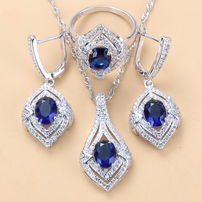 

Earrings & Necklace Bridal Silver Color 3PCS Jewelry Sets With Natural Blue Stone CZ And Ring For Women Costume, As pic