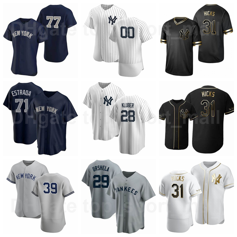 

Baseball 31 Aaron Hicks Jersey 39 Mike Tauchman 77 Clint Frazier 71 Thairo Estrada 29 Gio Urshela 28 Kluber Cooperstown Custom Name Number, Blue;black
