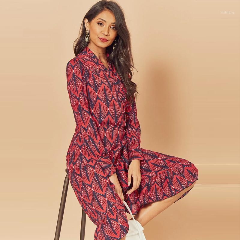 

Casual Dresses 2021 Women Print Ruffle Dress Spring Autumn Lantern Long Sleeve V Neck Midi Causal Sashes Ladies Irregular Hem, Orange