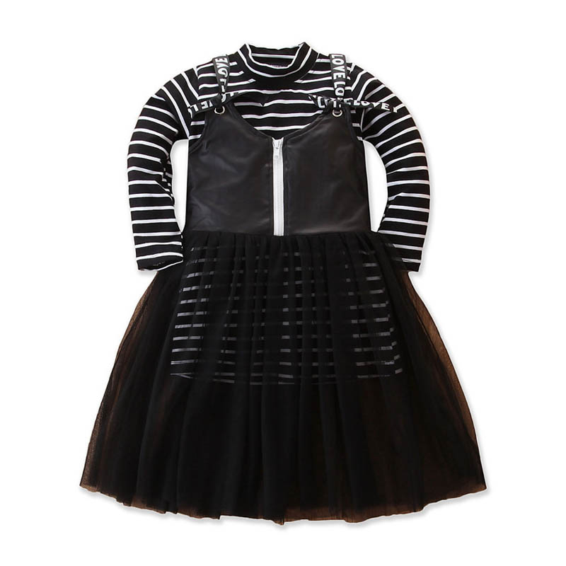 

Fashion Girls Suits princess kids outfits stripe long sleeve shirt+pu leather dresses 2pcs kids designer clothes girls A8974, Black