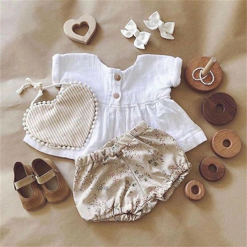 

0-18M Kid Outfit Clothes Girls Linen T-shirt Top+Floral Shorts Baby Girl Pants 2PCS Sets, White