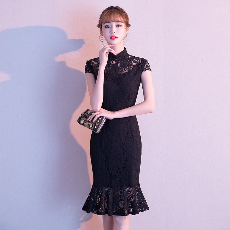 

Women Elegant Evening Party Gown Exquisite Black Vintage Banquet Dress S-4xl Cheongsam Sexy Slim Short Mermaid Dresses Wieo